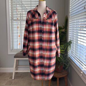 Duluth Trading Flannel Folklore Duster in Pink / Navy / Yellow Sz XL